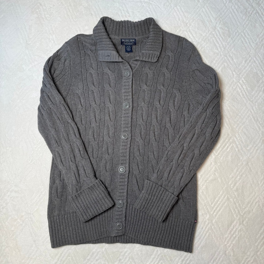 Preppy Vintage Polo Jeans Co Ralph Lauren XL Gray Cable Knit Cardigan Cotton